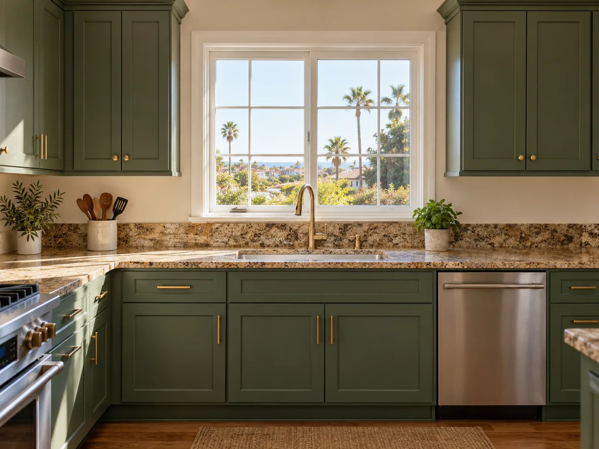 Kitchen with sage green shaker cabinets and brass pulls, a beige and brown granite countertop, a stainless dishwasher and a window over the sink looking out to palm trees.