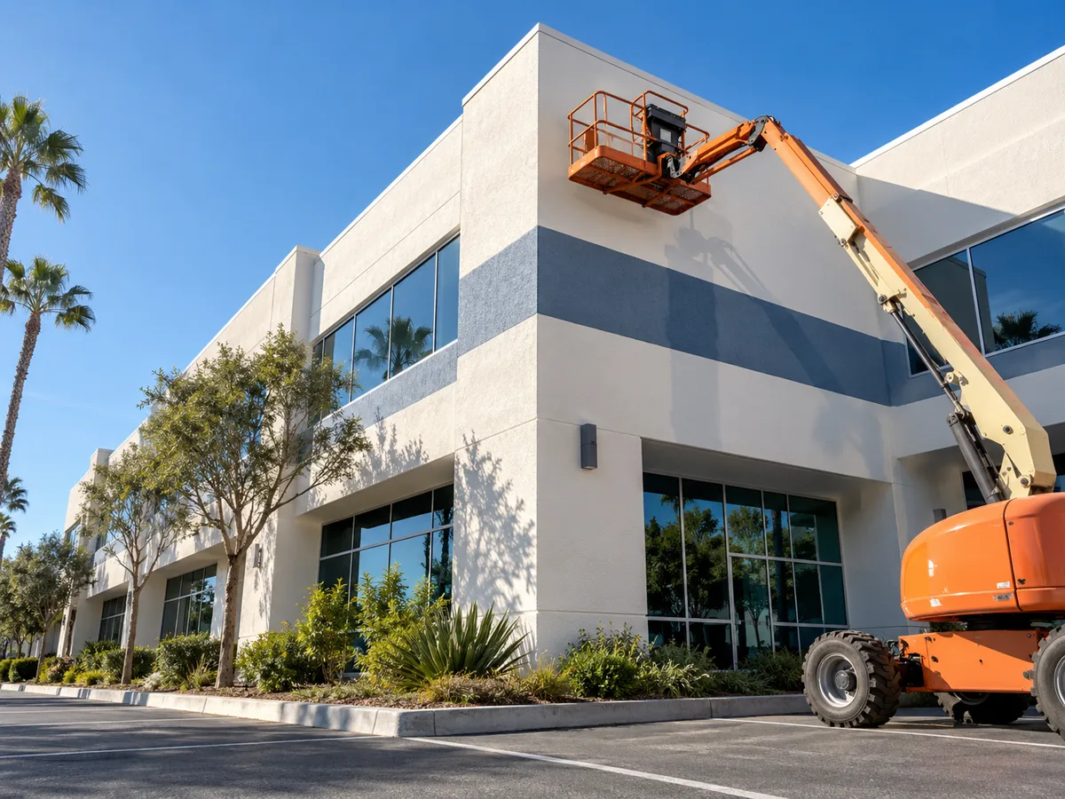 Two-story white stucco office building with a slate-blue horizontal band and tall glass windows, an orange boom lift raised against the wall beside a landscaped planter and parking lot, palms against a clear blue sky.