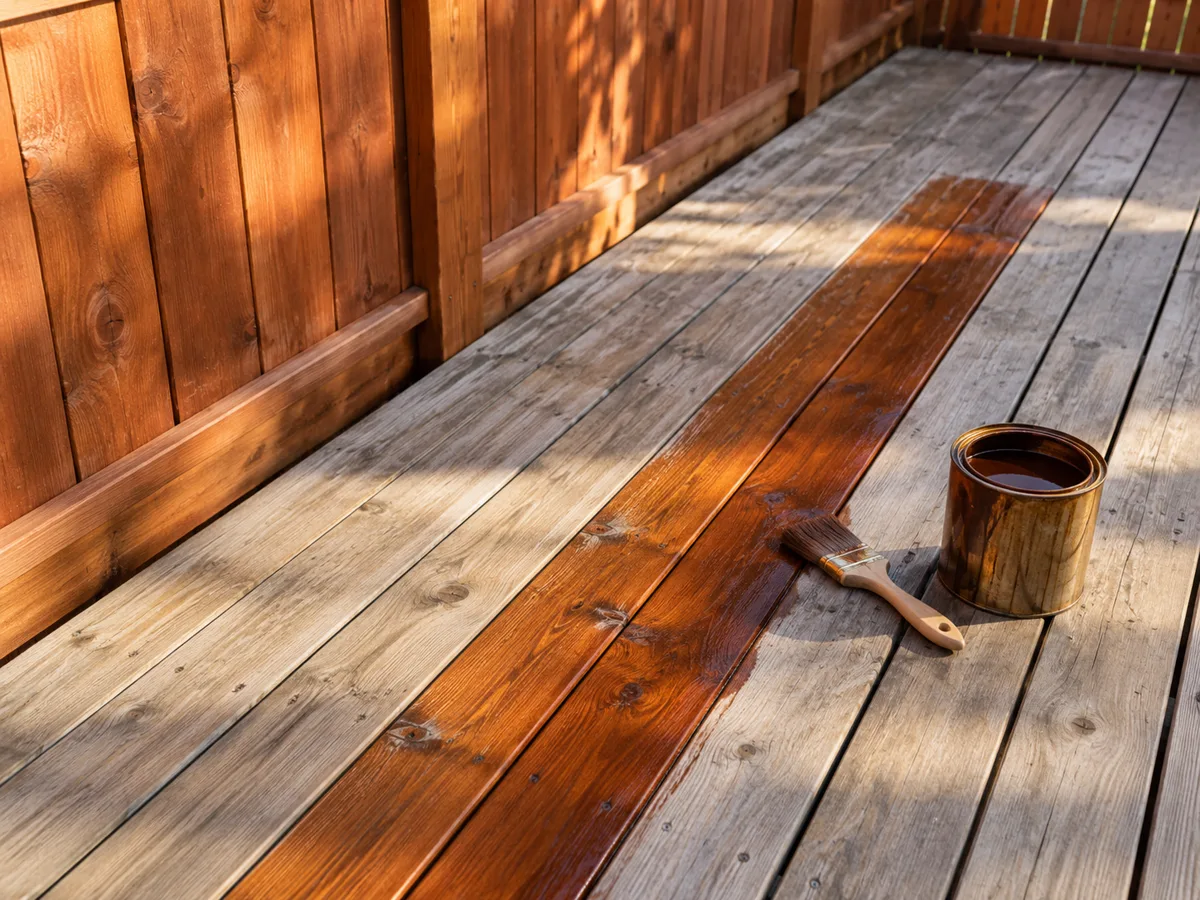 Grey weathered wood deck beside a redwood-toned fence with one stripe of boards freshly stained deep amber-brown, a paintbrush and a can of stain on the boards.