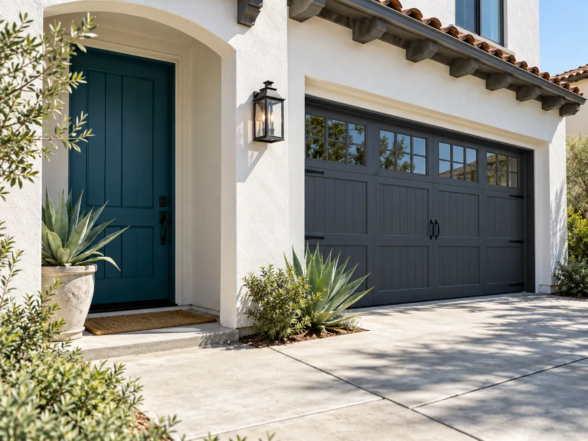 White stucco home entry with a deep teal front door and a charcoal carriage-style garage door, a black lantern, agaves in a pot and a bed, and a concrete drive.