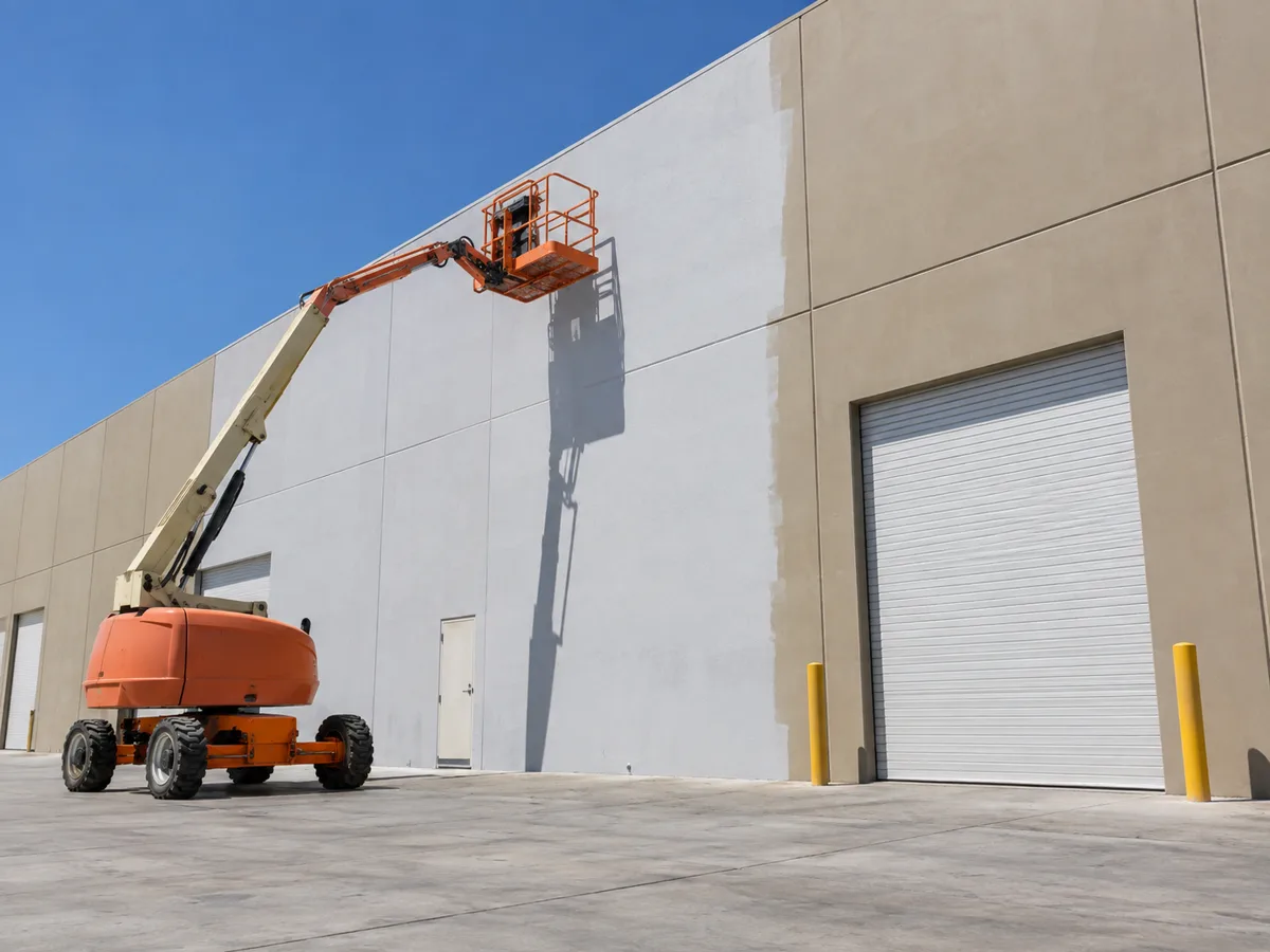 Tilt-up concrete warehouse wall with an orange boom lift reaching up, the wall repainted light grey on the left and still tan near a roll-up door on the right.