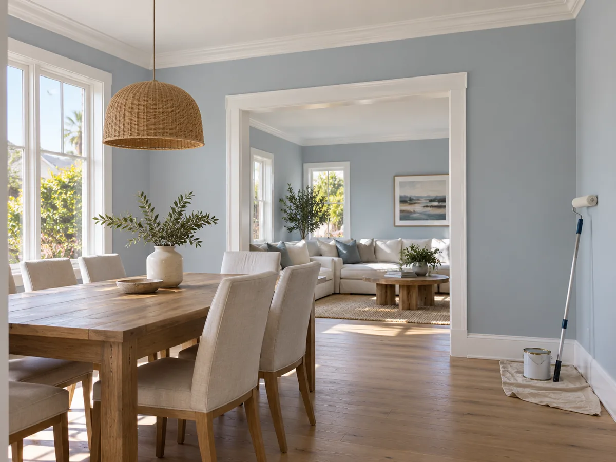 Dining and living room with soft blue-grey walls, white trim and crown moulding, a wood dining table under a woven pendant, and a roller on an extension pole beside a paint can in the corner.