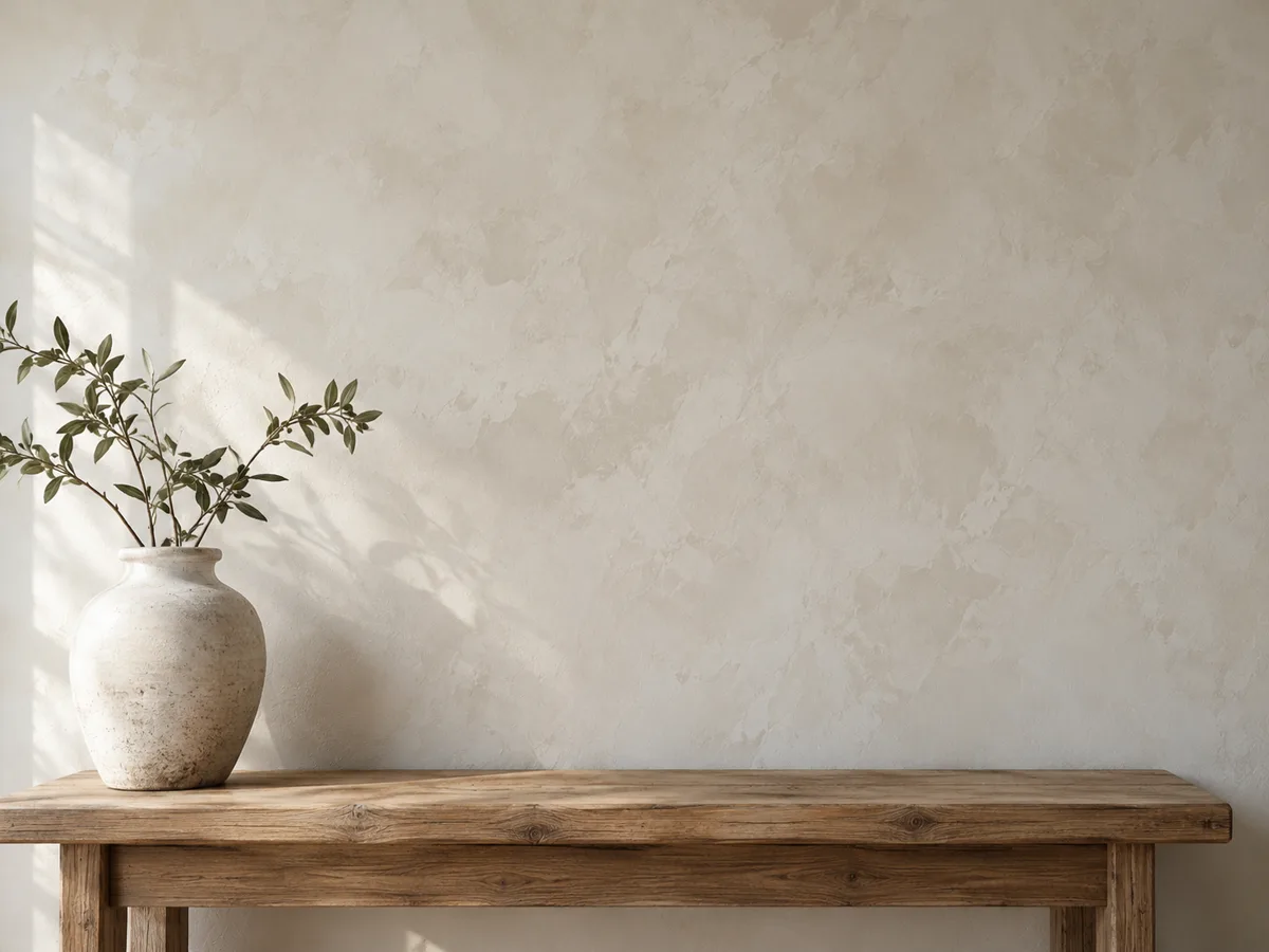Interior wall with a soft cloudy limewash finish in warm off-white, a wooden console table and a stone-coloured vase of olive branches in window light.