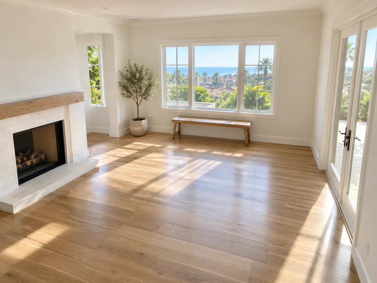 Empty bright living room freshly painted warm white with a stone fireplace, an oak floor, a wooden bench under the window and a potted olive tree, with a distant ocean view.