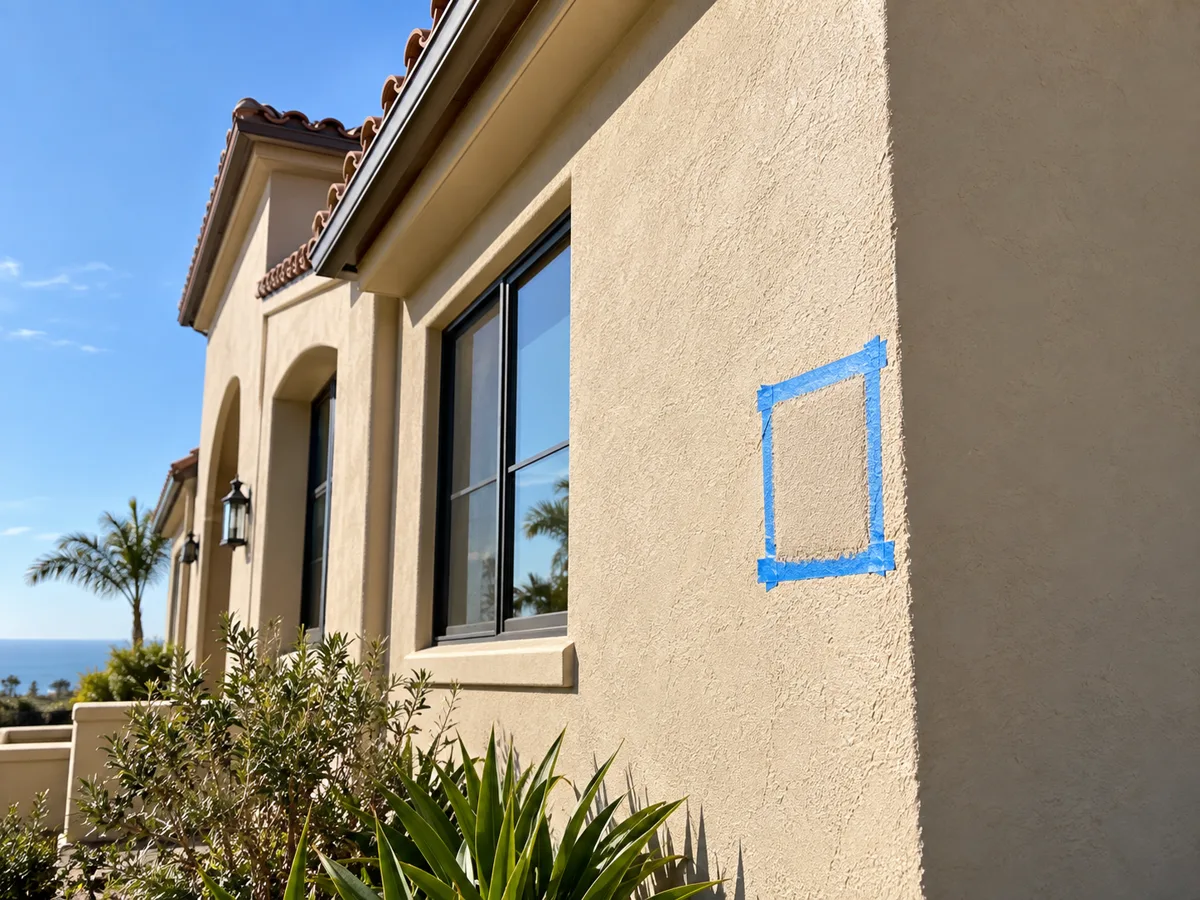 Freshly painted sand-beige stucco wall of a tile-roofed house with a small rectangle of blue painter's tape marking a repair patch beside a dark-framed window.